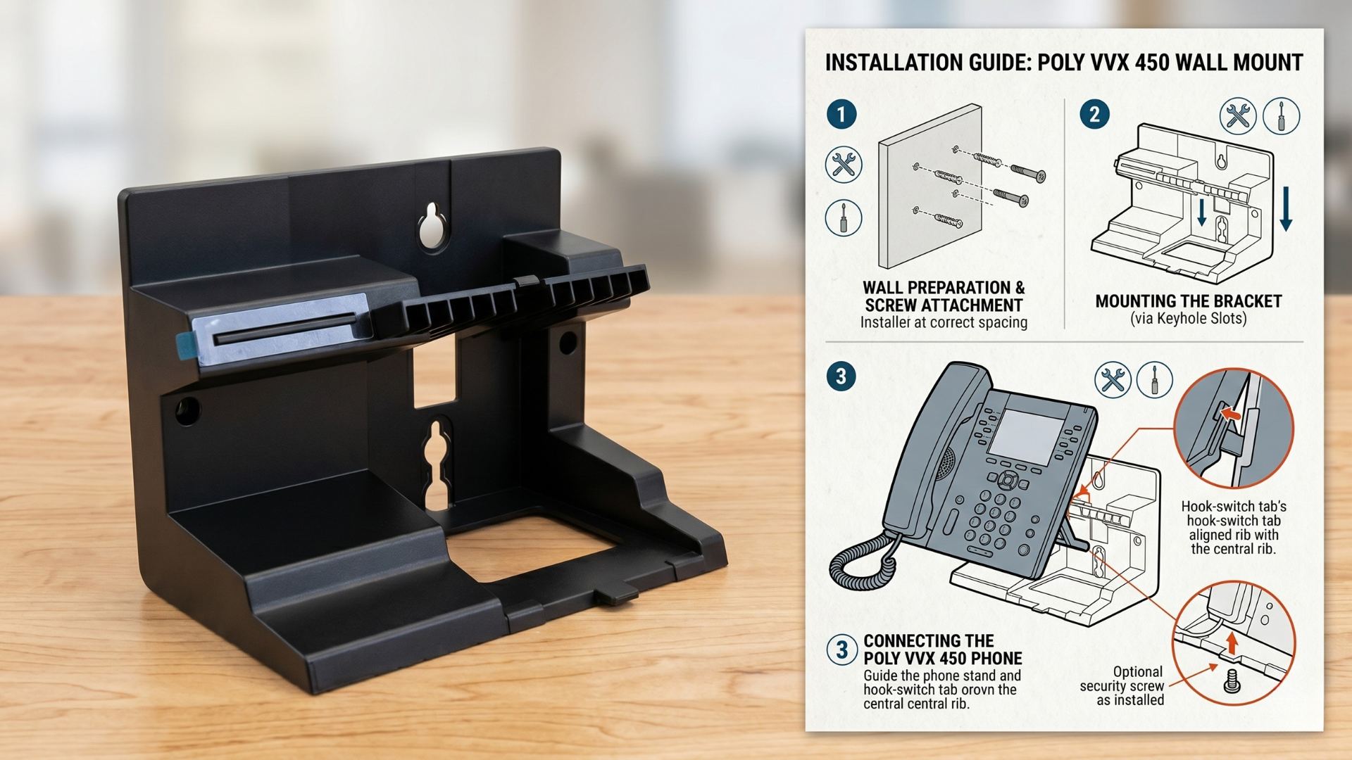A high-resolution photograph on a maple wood table showing the black plastic Poly VVX 450 wall mount bracket on the left, which is identical to the one in image_6.png. To the right is an integrated, infographic-style installation guide panel. This panel details three main steps with line art and icons: Step 1 (Wall preparation and screw attachment), Step 2 (Mounting the bracket), and Step 3 (Connecting the Poly VVX 450 phone). The diagram clearly illustrates how the bracket slots into a wall and how the specific Poly VVX 450 phone stand and hook-switch interlock with the bracket's guiding features. A final detail shows an optional security screw. All text is legible and factually accurate to the product design.