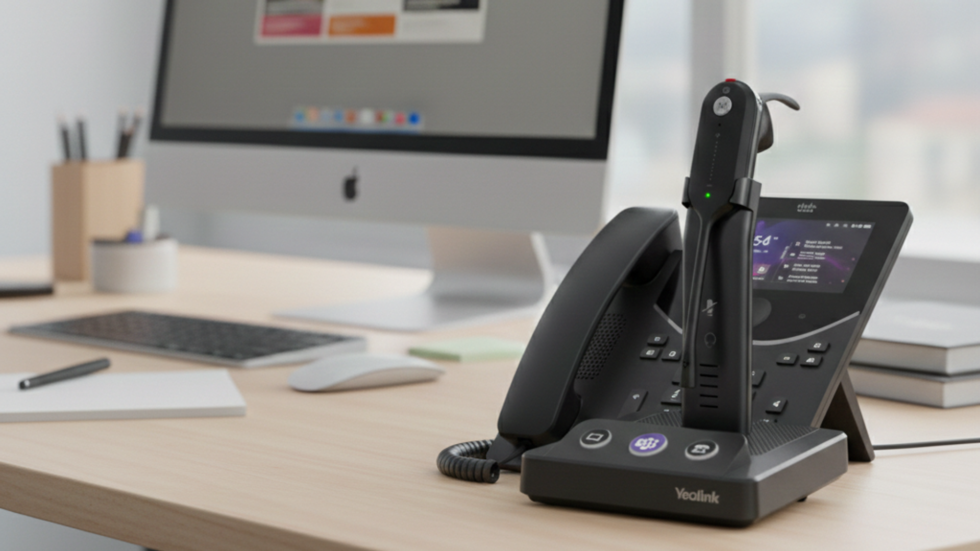 Cisco 9800 series desk phone next to a Yealink WH63 wireless headset docked in its base on a desk.