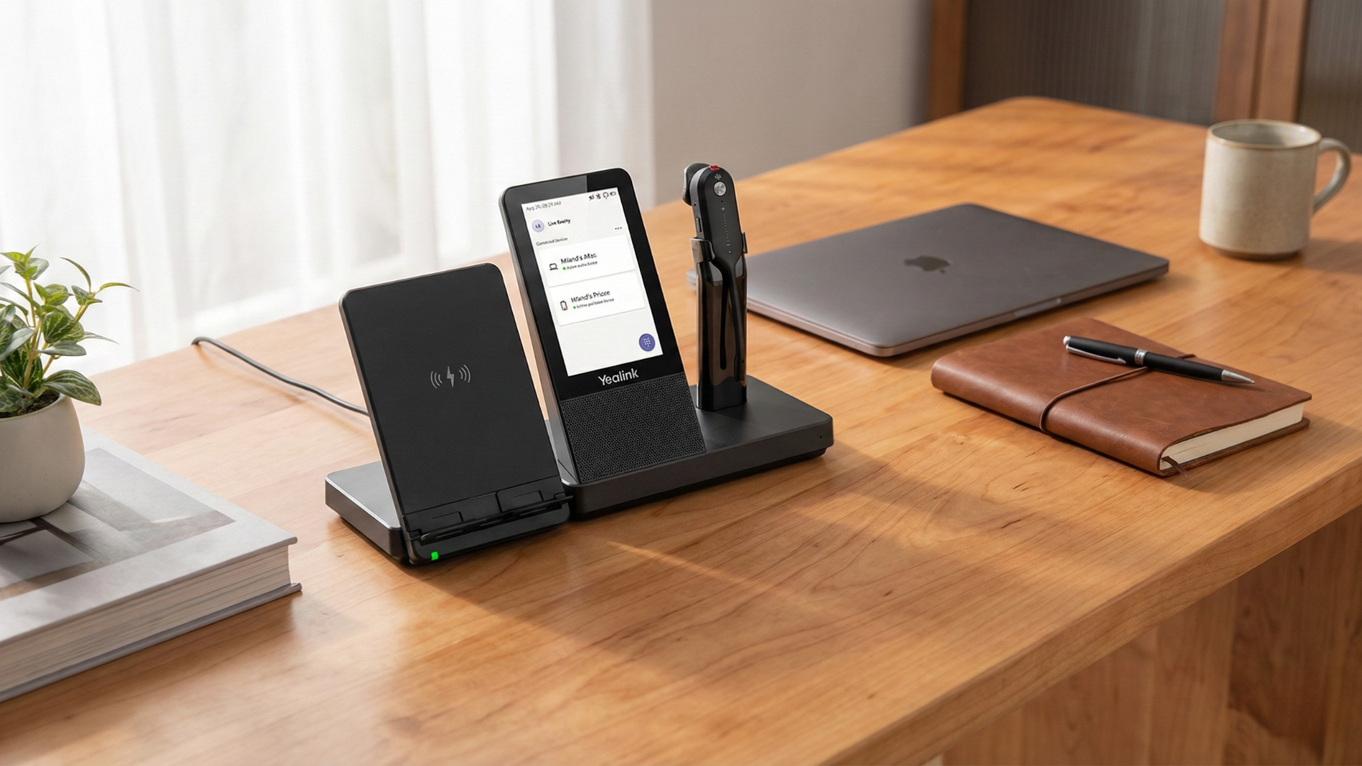 The Yealink WH67 Workstation is a sophisticated black all-in-one workstation base featuring a large, vertical color touchscreen labeled with the Yealink logo. To the left is a slanted wireless charging pad with a lightning bolt icon, and to the right is a docked mono-style headset with a slim boom microphone. The interface on the screen displays connected devices, including a computer and a mobile phone.