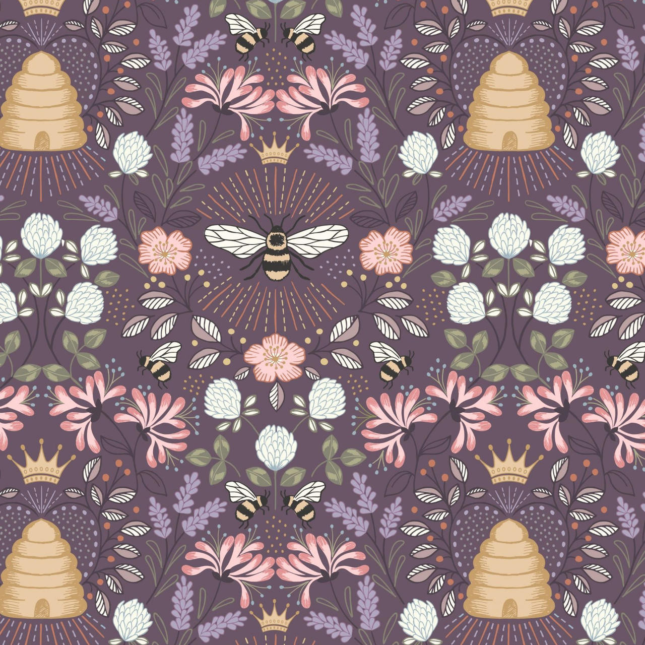 Lewis & Irene - Queen Bee - Bee Hive (Aubergine) - 100% Cotton Fabric - £14  p/m - Sew Scrumptious Fabrics
