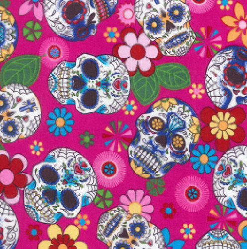 Rose and Hubble - Cotton Poplin - Mexican Skulls Pink - pound10 p/m