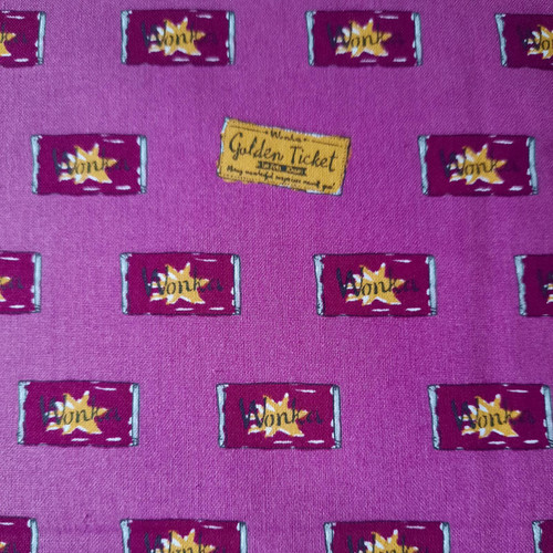 Visage - Charlie and The Chocolate Factory - Golden Ticket Purple - 100percent Cotton Fabric - Now pound8 p/m