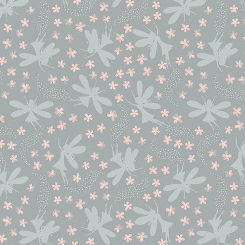 Lewis and Irene - Fairy Clocks - Floral Fairies Grey - Silver Metallic - 100percent Cotton Fabric - Now pound9 p/m