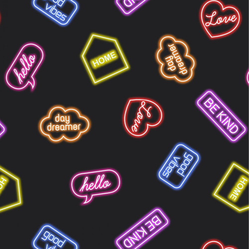 Lewis and Irene - Small Things Glow - Neon Signs Black - 100percent Cotton Fabric - Now pound9 p/m