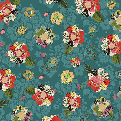 Benartex - Soul Shine and Daydreams - Collage Flowers Teal - 100percent Cotton Fabric - Now pound10 p/m