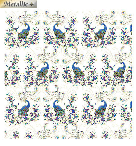 Benartex - Peacock Flourish - Double Exposure White Metallic - 100percent Cotton Fabric - pound14 p/m