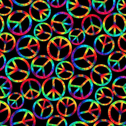 Timeless Treasures - Tie Dye Groovy Peace Signs Black - 100percent Cotton Fabric - pound14 p/m