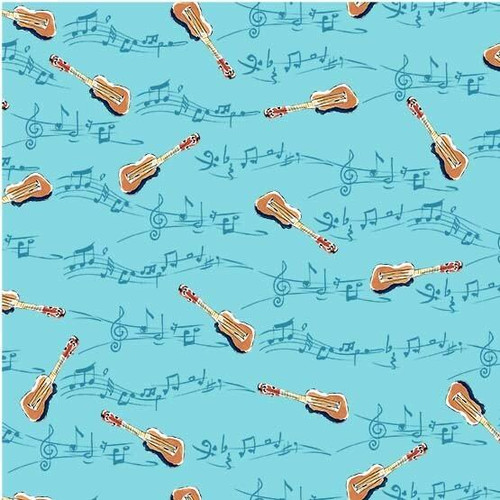 Michael Miller - Guitars Aqua - 100percent Cotton Fabric - Now pound10 p/m