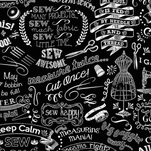 Timeless Treasures - Sewing Words Black - 100percent Cotton Fabric - pound14 p/m