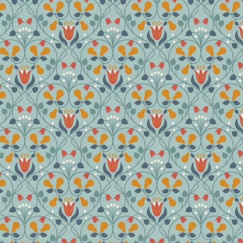 Lewis and Irene - Wintertide - Pear Hearts Pale Blue with Copper Metallic - 100 percent Cotton Fabric - pound13 p/m