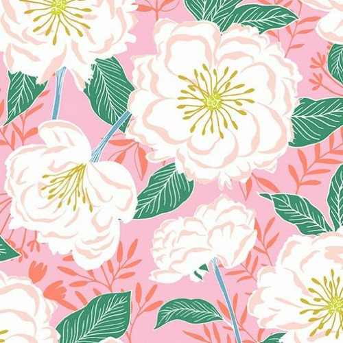 Makower - Flora and Fauna - Camelia Pink - 100percent Cotton Fabric - pound13 p/m