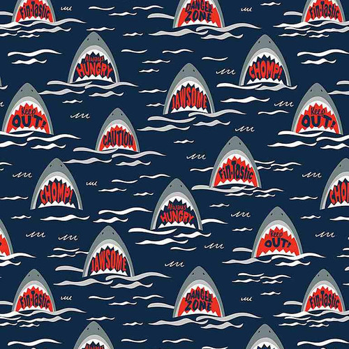 Timeless Treasures - Scary Sharks Navy - 100percent Cotton Fabric - pound15 p/m