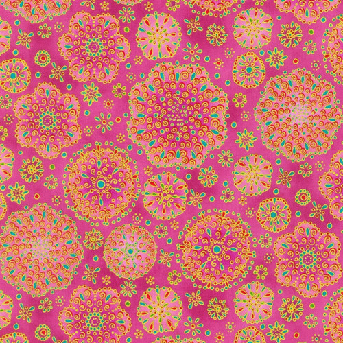 Robert Kaufman - Jewelled Leaves - Mandala (Pink and Metallic Gold) - 100% Cotton Fabric - £16 p/m