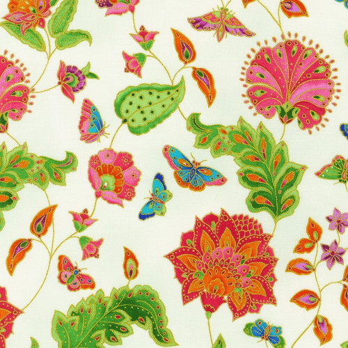 Robert Kaufman - Parvanehs Butterflies - Floral (Metallic Cream) - Cotton Fabric - £15 p/m