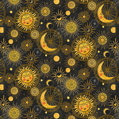 Blank - Celestial Galaxy - Moon, Sun & Stars (Black) - Cotton Quilting Fabric - £15 p/m
