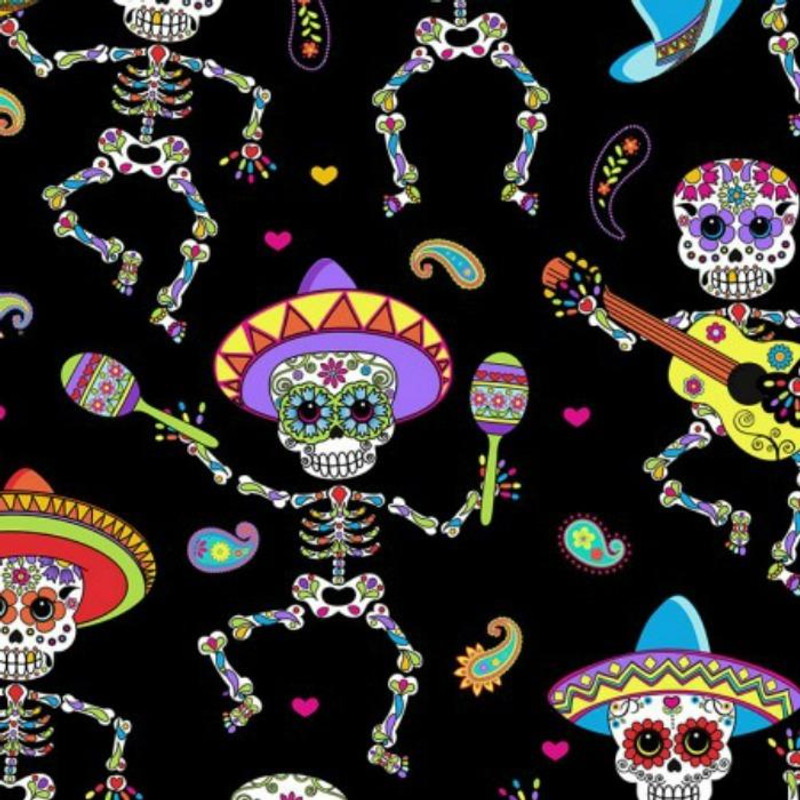 Timeless Treasures - Dancing Day Of The Dead Black - Now pound10 p/m