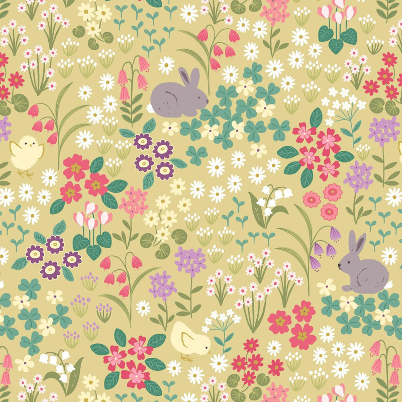 Lewis and Irene - Bunny Hop - Bunny and Chick Floral Spring Yellow - 100percent Cotton Fabric - pound13 p/m