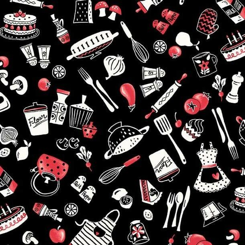 Michael Miller - In The Kitchen Black - 100percent Cotton Fabric - Now pound10 p/m