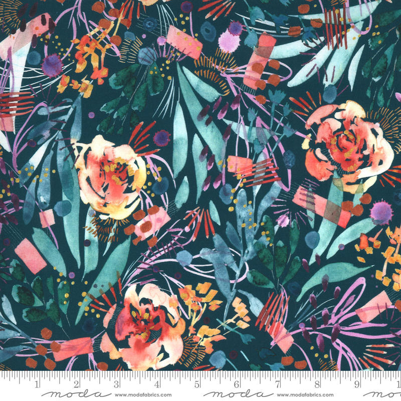 Moda - Sunshine Soul - Orange Roses Teal - 100percent Cotton Fabric - pound14 p/m