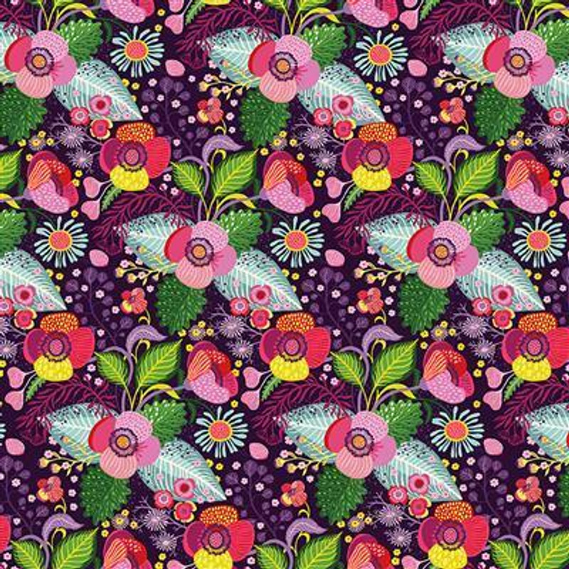 Clothworks - Floribunda - Flowers Purple - 100percent Cotton Fabric - pound14 p/m
