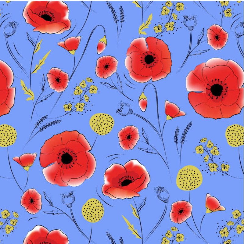 Visage - Poppies Red On Blue - 100percent Cotton Fabric - pound10 p/m