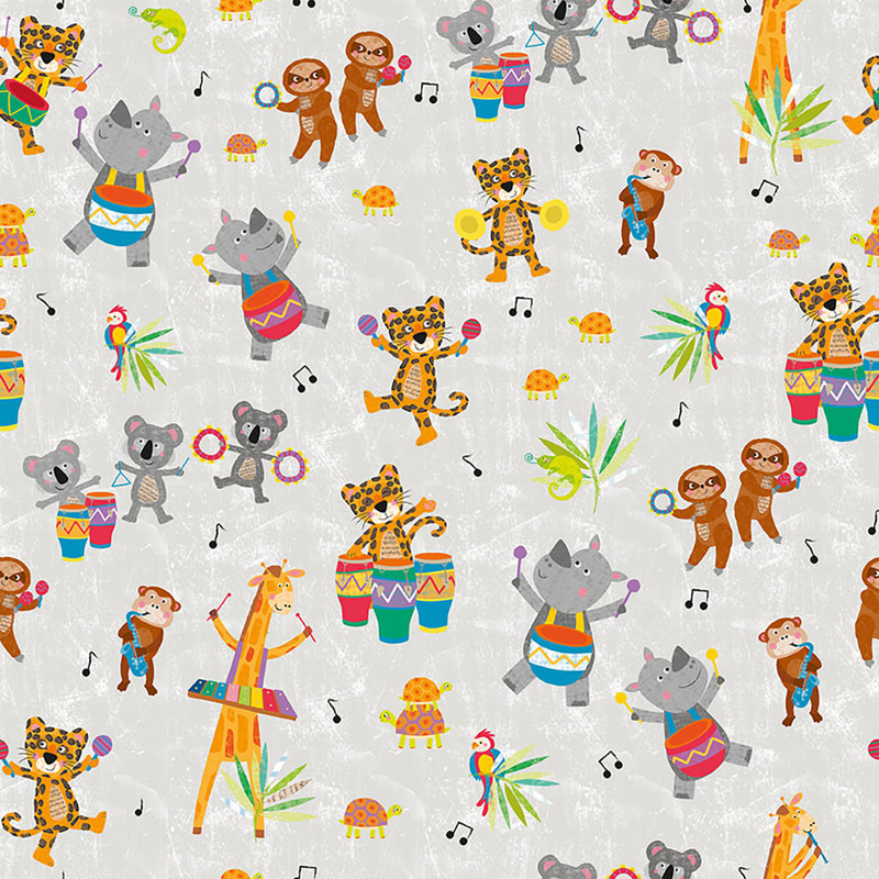 Clothworks - Jungle Drums - Baby Animals (Grey) - 100% Cotton Fabric - £15 p/m