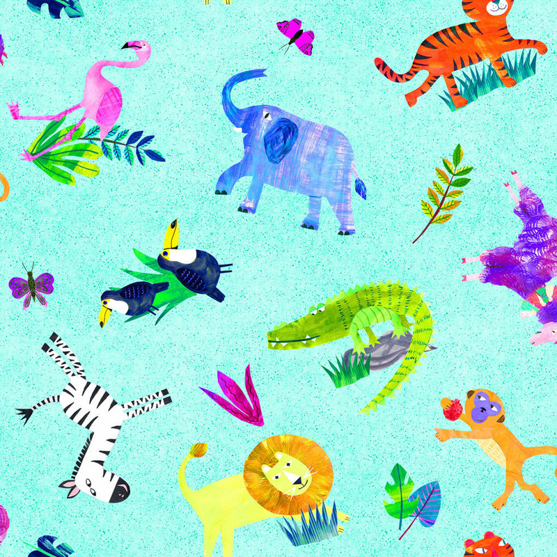 Clothworks - Colorama - Zoo Animals (Aqua) - 100% Cotton Fabric - £15 p/m