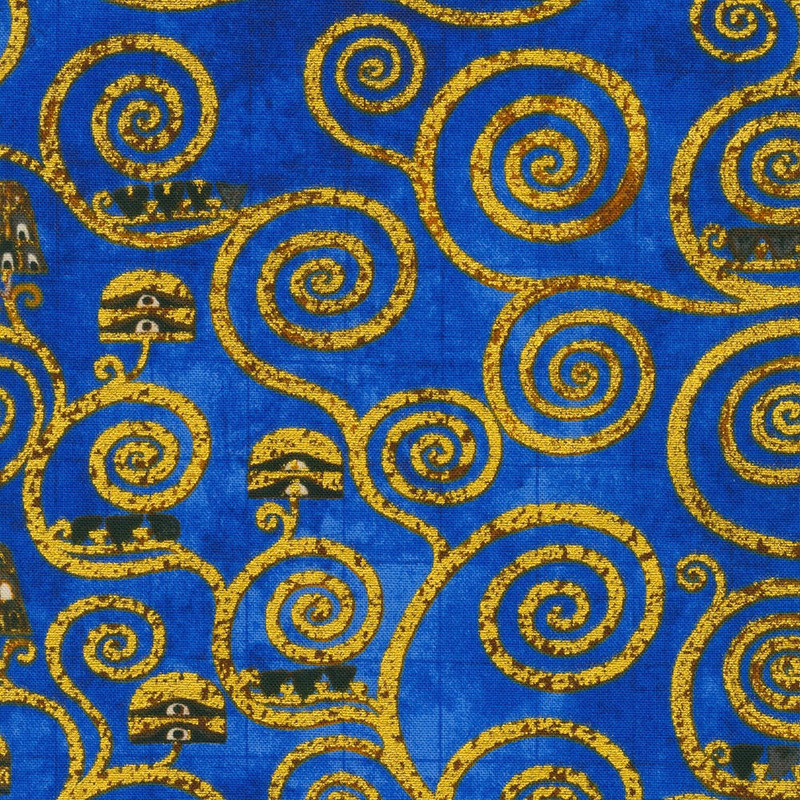 Gustav Klimpt - Metallic Gold Swirls (Blue) - 100% Cotton Fabric - £15 p/m