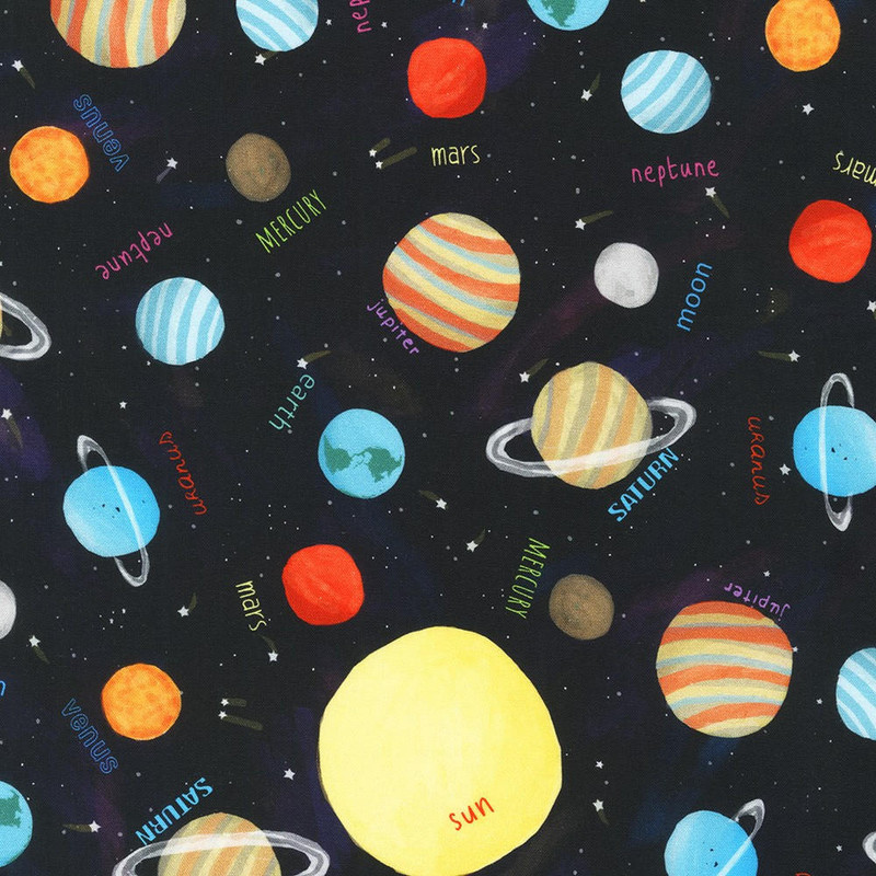 Robert Kaufman - Space Adventure - Planets (Black) - 100% Cotton Fabric - £15 p/m