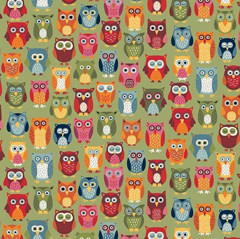 Makower -  Autumn Days - Owls (Green) - 100% Cotton Fabric - £14 p/m