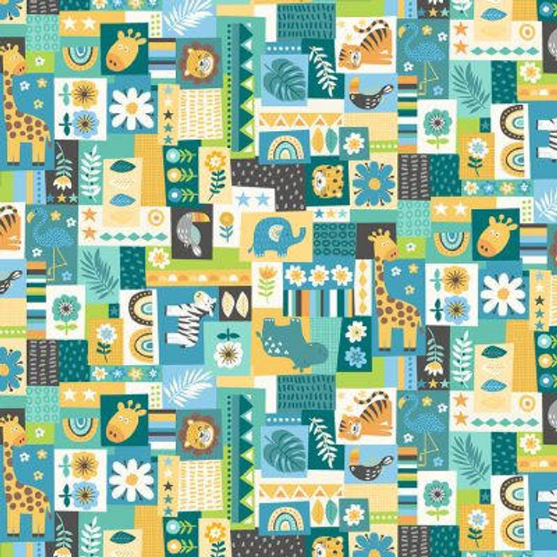 Makower - In The Jungle - Montage (Blue) - 100% Cotton Fabric - £14 p/m