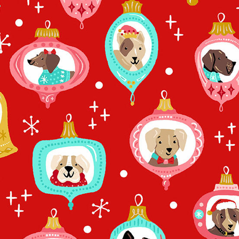 Andover - Furry & Bright - Dog Ornaments (Red) - 100% Cotton Fabric - £14 p/m
