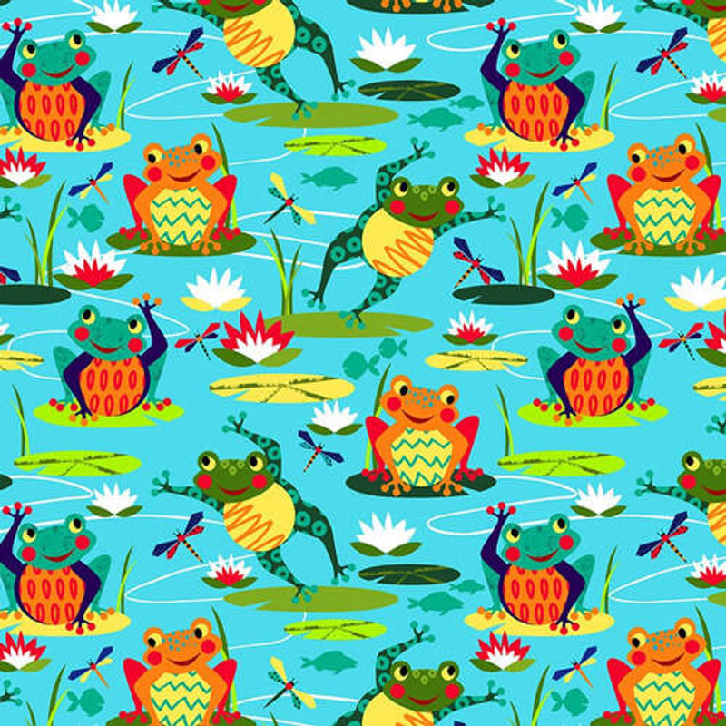 Blank - Pond Life - Frogs (Blue) - Cotton Quilting Fabric - £15 p/m