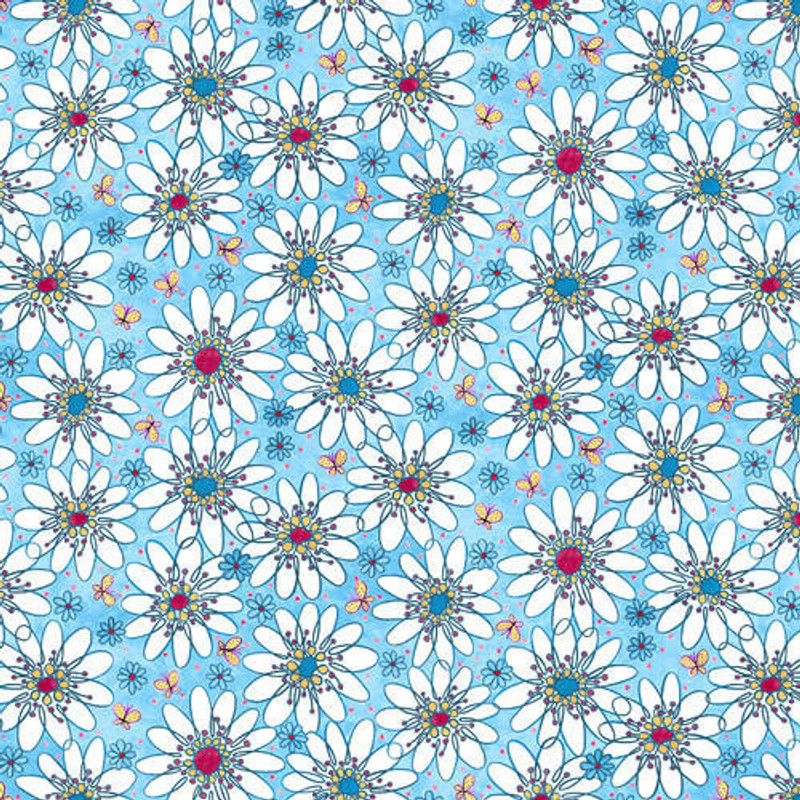 Blank - Whimsy Daisical (Blue) - Cotton Quilting Fabric - £15 p/m