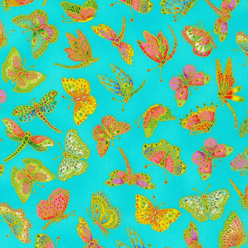 Robert Kaufman - Parvanehs Butterflies (Metallic Blue) - Cotton Fabric - £15 p/m