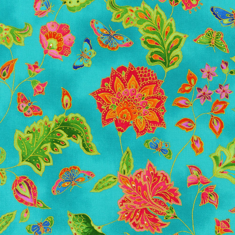 Robert Kaufman - Parvanehs Butterflies - Floral (Metallic Blue) - Cotton Fabric - £15 p/m