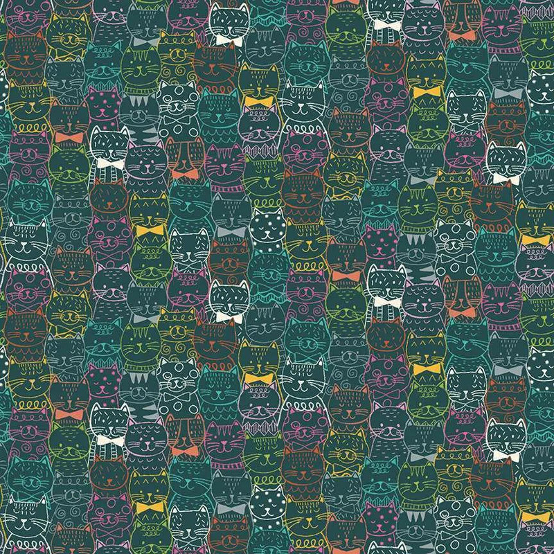 Makower - Whiskers - Portrait (Teal) - Cotton Quilting Fabric - £14 p/m