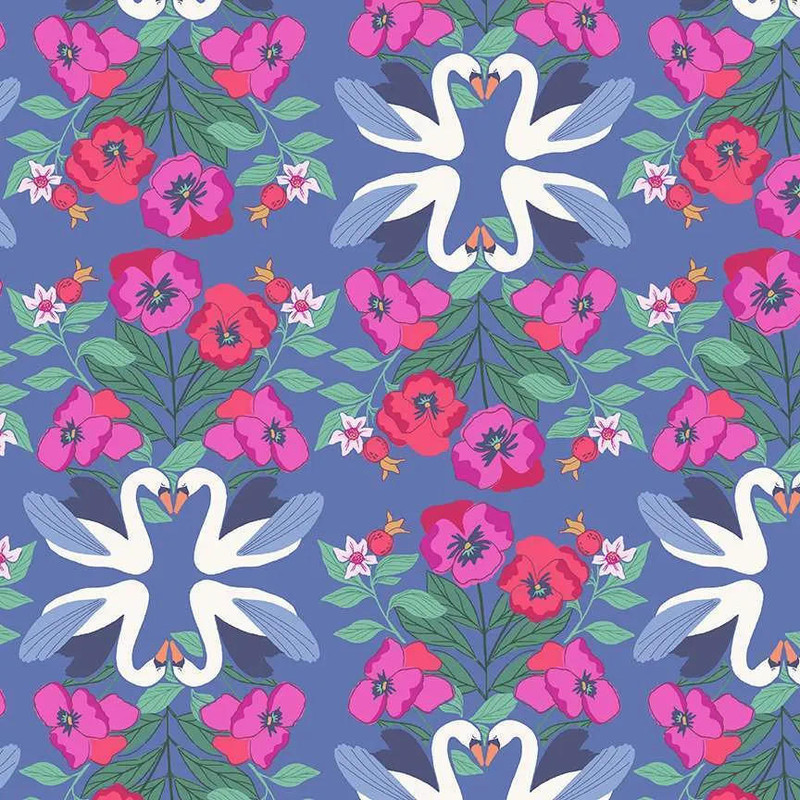 Makower - Enchanted - Swans (Sapphire) - Cotton Quilting Fabric - £14 p/m