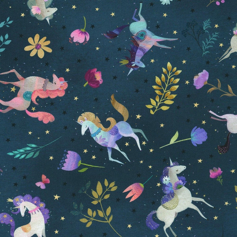 Robert Kaufman - Unicorn Meadow - Floral Unicorn (Navy) - Cotton Quilting Fabric - £15 p/m