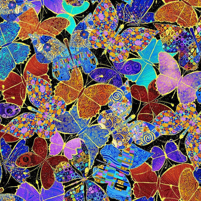 Timeless Treasures - Packed Metallic Butterflies (Black) - Cotton Quilting Fabric - £15 p/m