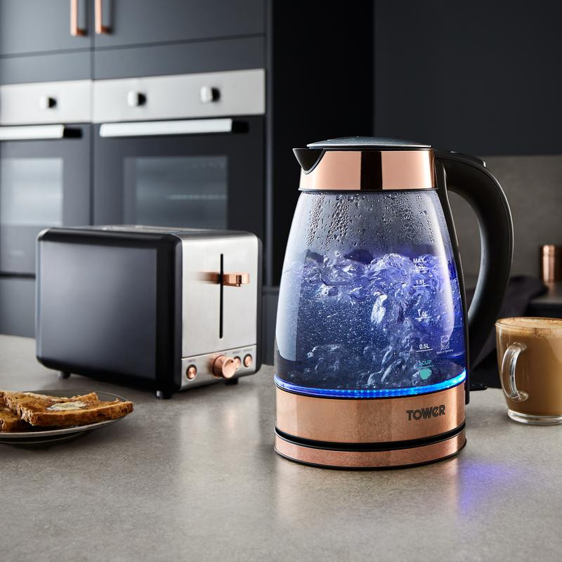Tower Rose Gold 3KW 1.7L Smoked Glass Kettle Rose Gold Cut Price Kitchens