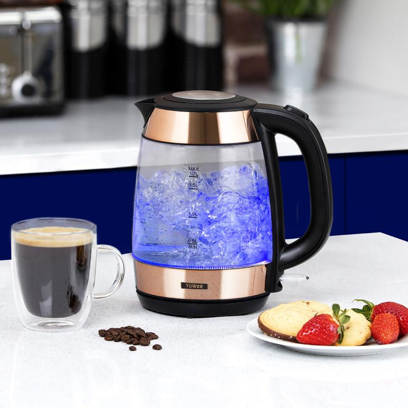 Tower Rose Gold 3KW 1.7L Glass Kettle Rose Gold Cut Price Kitchens