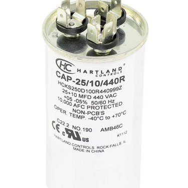Hartland Controls CAP-25/10/440R 25/10MFD 370/440V RND RUN CAP