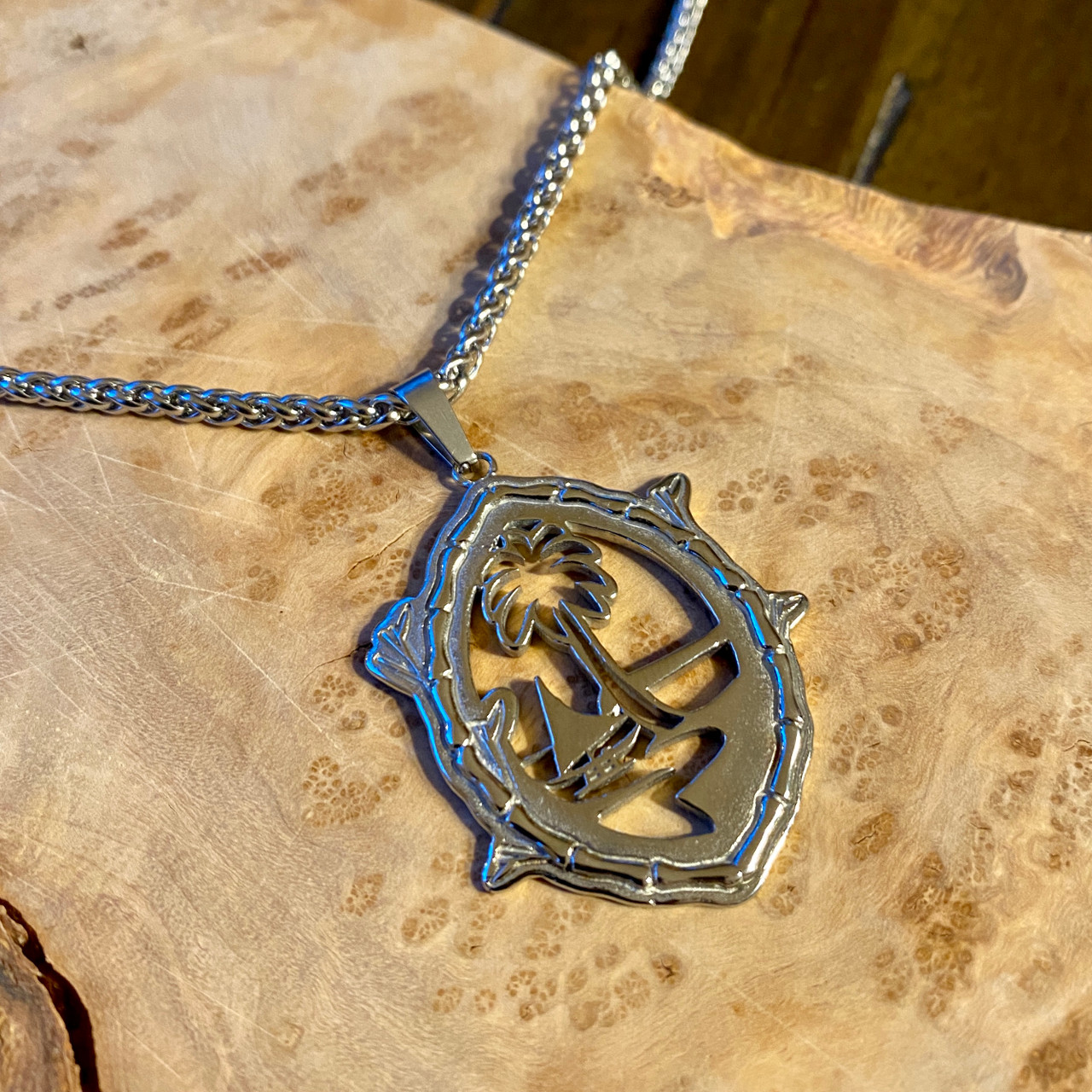 Stainless Steel Bamboo Guam Seal Pendant And Braid Necklace Stainless Steel Bamboo Guam Seal Pendant And Braid Necklace