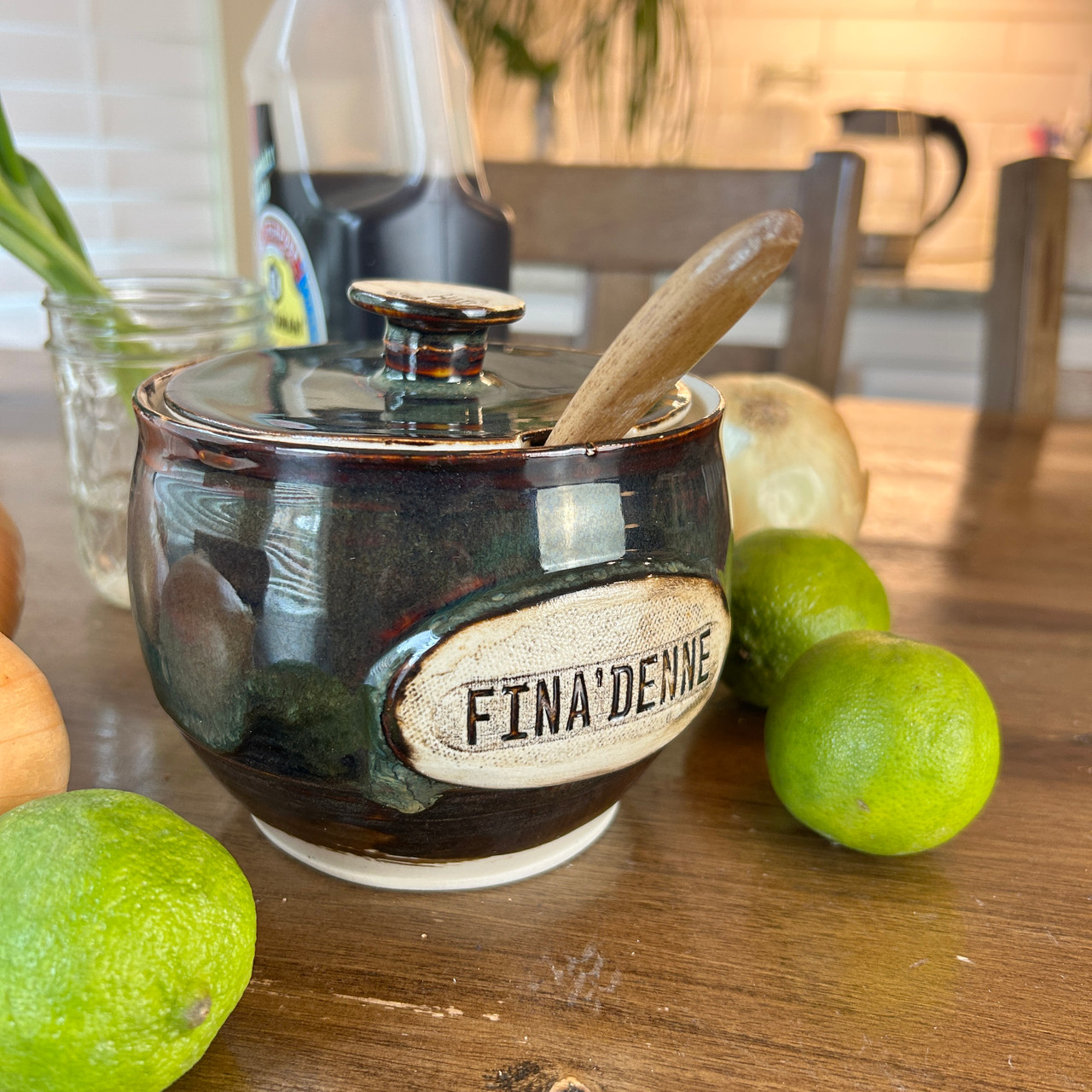 Moss Brown Artisan Fina'denne' Serving Pot, Cover, and Wood Ladel