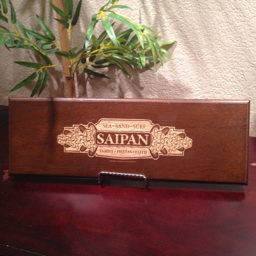 Solid Wood Plaque with Lasered Etching w/Gold Colored Fill - Sea, Sand, Surf - SAIPAN - 6x18 inches