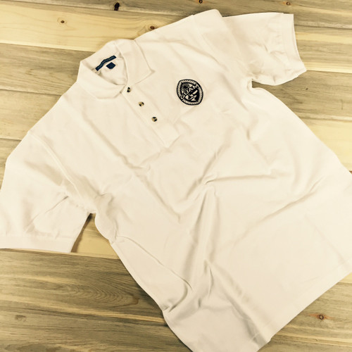 Men's Embroidered Tribal Guam Seal Pique Knit White Polo