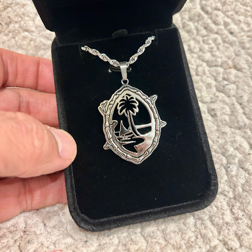 Stainless Steel Bamboo Guam Seal Pendant and Chain Necklace
