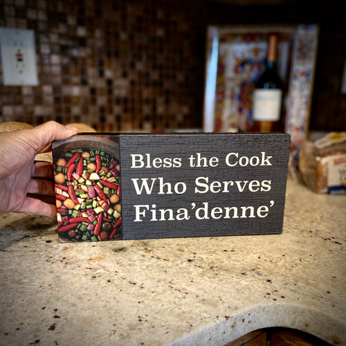 Framed Bless the Cook Who Serves Fina'denne' Canvas Print