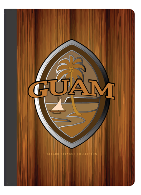 This i-Pad cover is of the Modern Guam Seal in brown, with a wood-grain motif. (This is faux wood-grain image is printed).